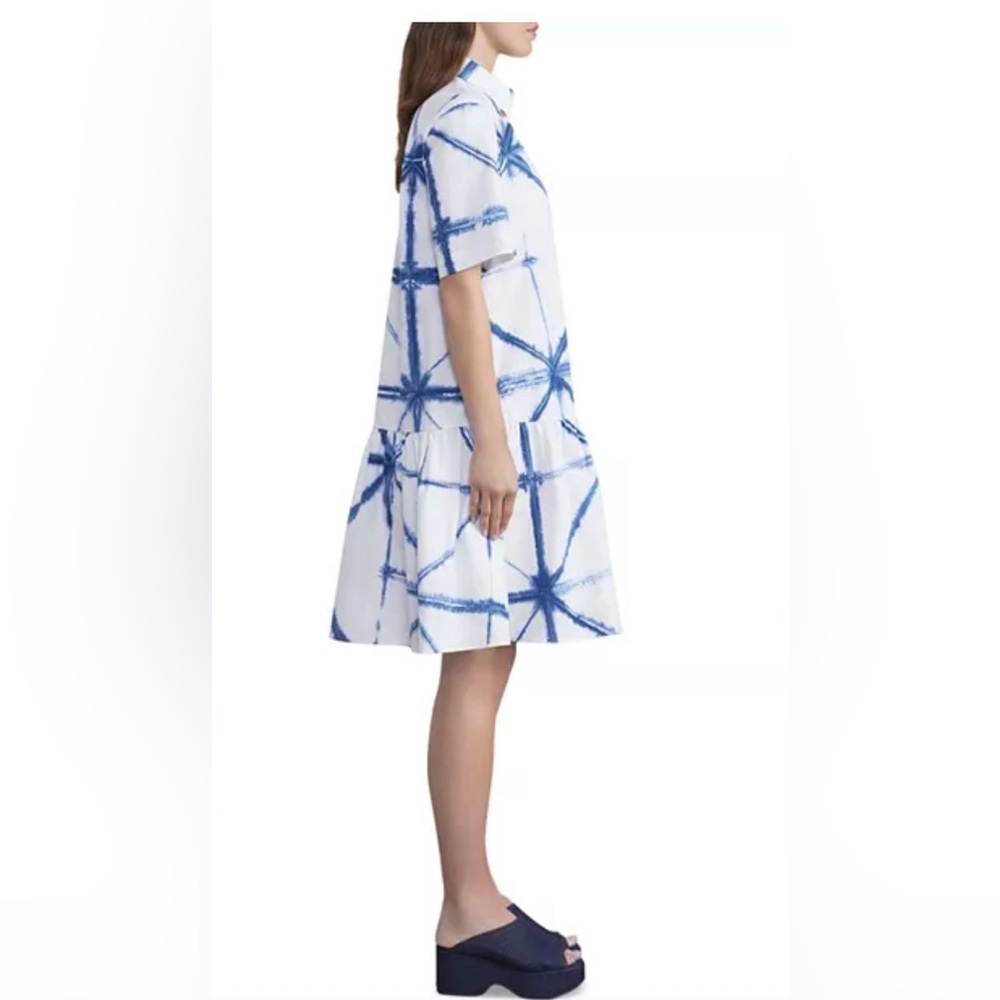 Lafayette 148 New York Troy Shirt Dress with Blue Abstract Print and Drop Waist - Picture 3 of 7